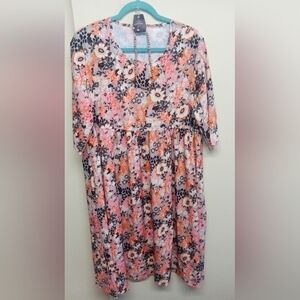 Shein Plus Size 2x, Women's Floral Print Dress, Pockets, Midi, Jewelry Set Incl
